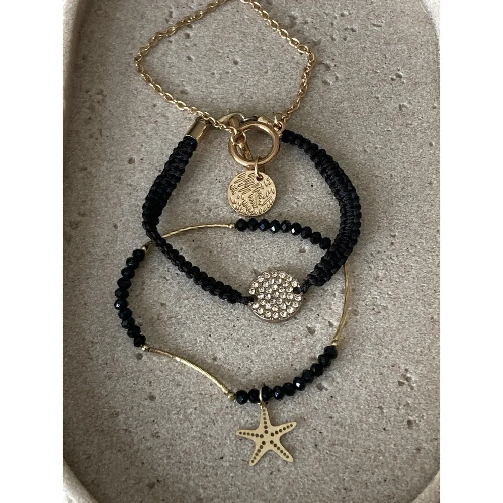 Gold Tone Black Beaded Starfish Bracelet Set Of 3 Rhinestone Charm Layered